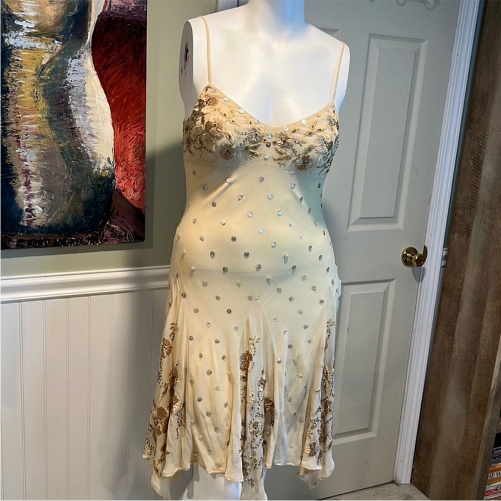 ISO!!! Sue Wong beaded cream handkerchief dress with shells.